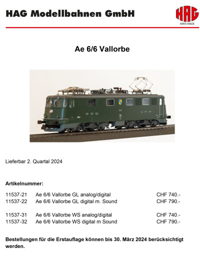 SBB CFF - Ae 6/6 11475 "Vallorbe" electric locomotive - HAG