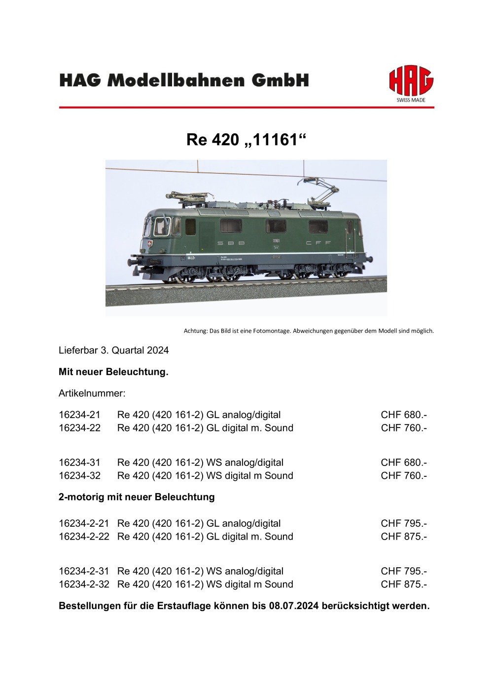HAG - SBB CFF - Re 420 "11161" electric locomotive