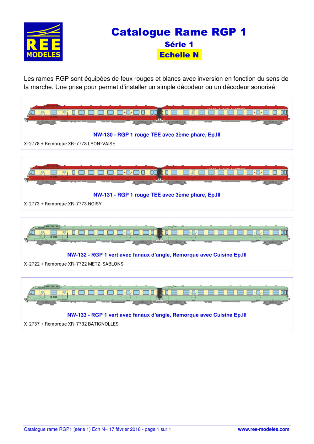 REE MODÈLES - Rails Europ Express - Catalogue Rame RGP 1 - Série 1