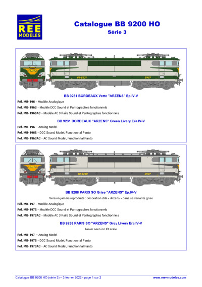 Catalogue BB 9200 - Série 3 - REE MODÈLES - Rails Europ Express