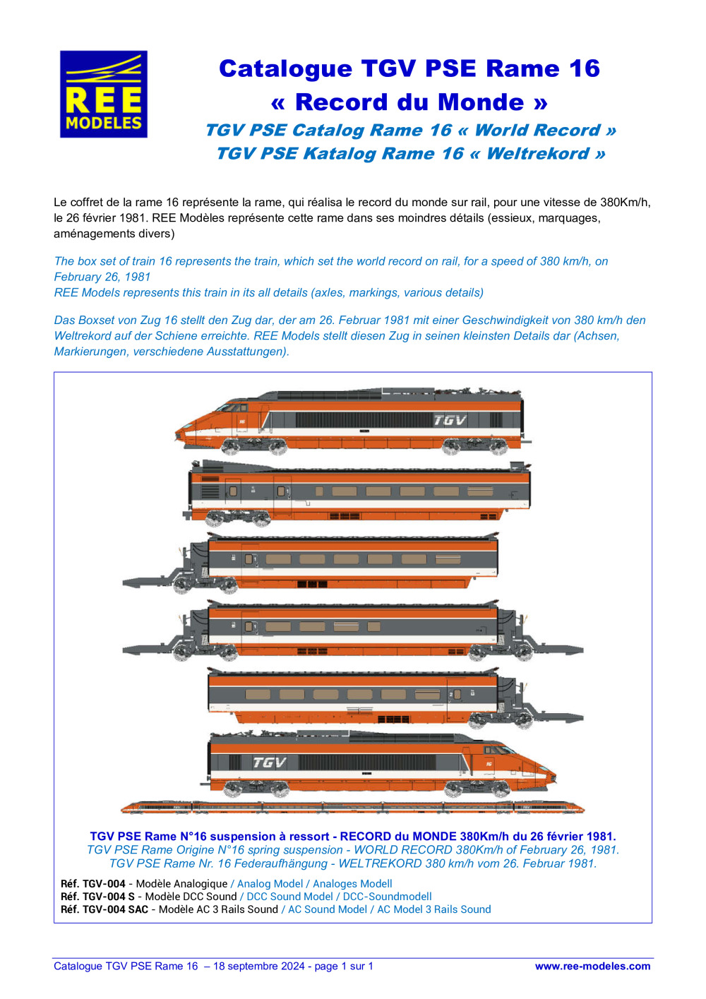 REE MODÈLES - Rails Europ Express - Catalogue TGV PSE Rame 16 "Record du Monde"