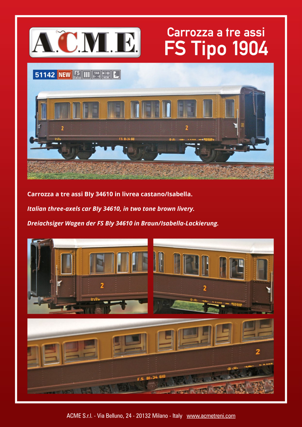 ACME - Anonima Costruzioni Modellistiche Esatte - Carrozza a tre assi FS Tipo 1904 (ref. 51142)