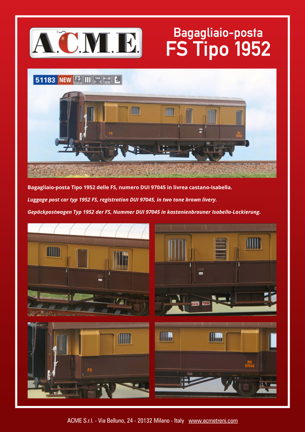 ACME - Anonima Costruzioni Modellistiche Esatte - Bagagliaio-posta FS Tipo 1952 (ref. 51183)
