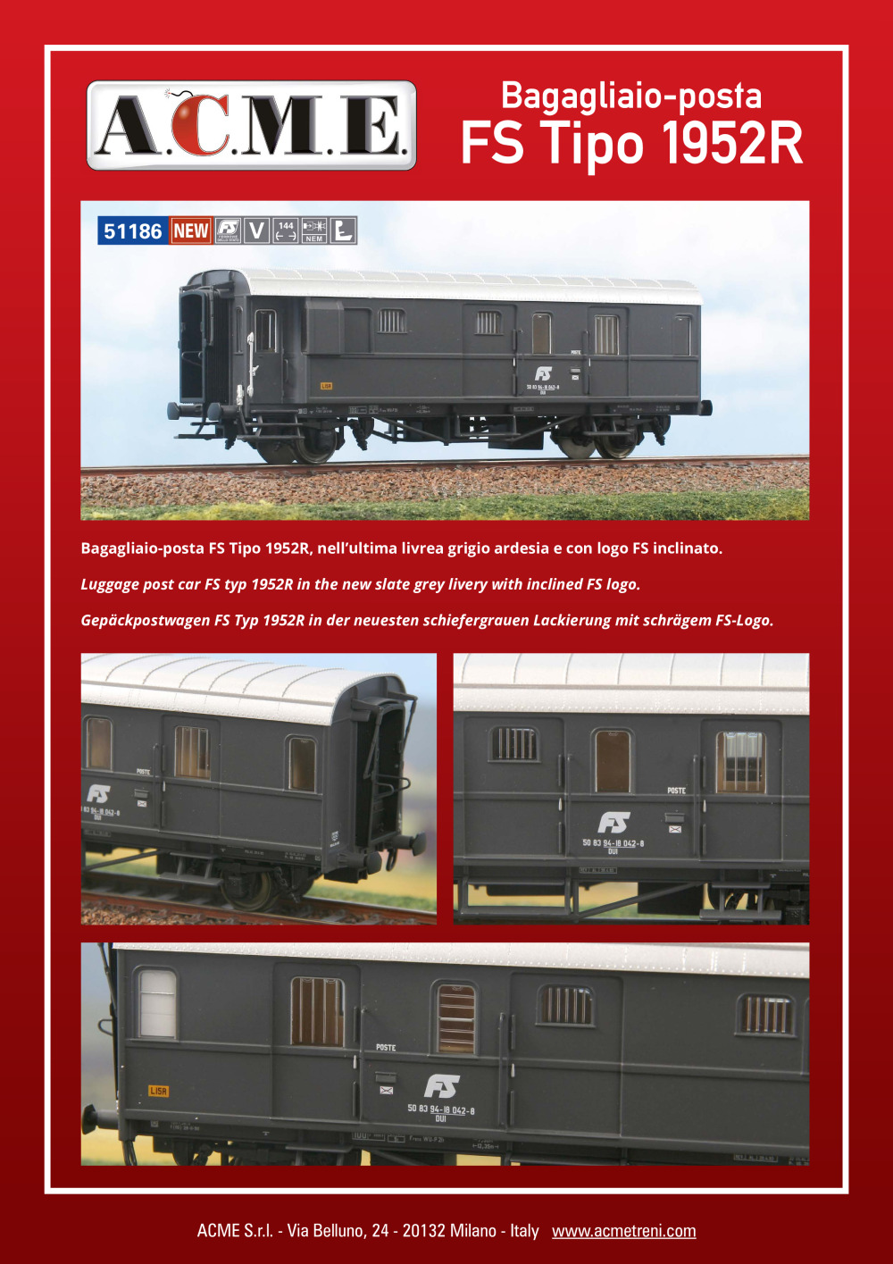 ACME - Anonima Costruzioni Modellistiche Esatte - Bagagliaio-posta FS Tipo 1952R (ref. 51186)