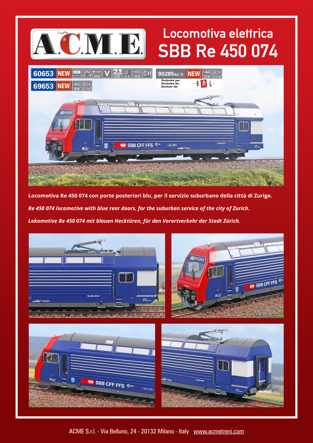 ACME - Anonima Costruzioni Modellistiche Esatte - Locomotiva elettrica SBB Re 450 074 (ref. 60653 / 69653 / 90285)