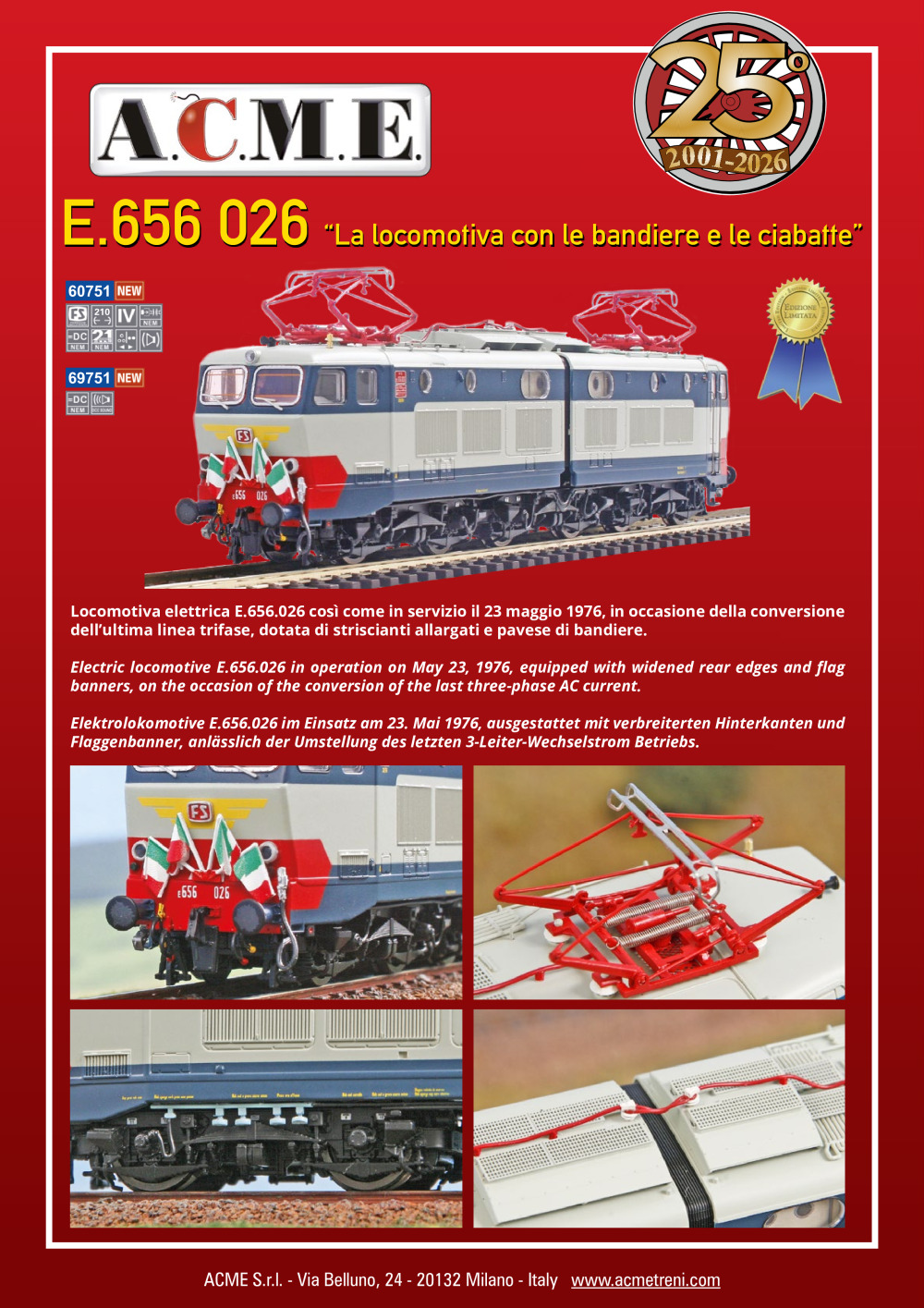 ACME - Anonima Costruzioni Modellistiche Esatte - Locomotiva elettrica FS E.656.026 "La locomotiva con le bandiere e le ciabatte" (ref. 60751 / 69751)
