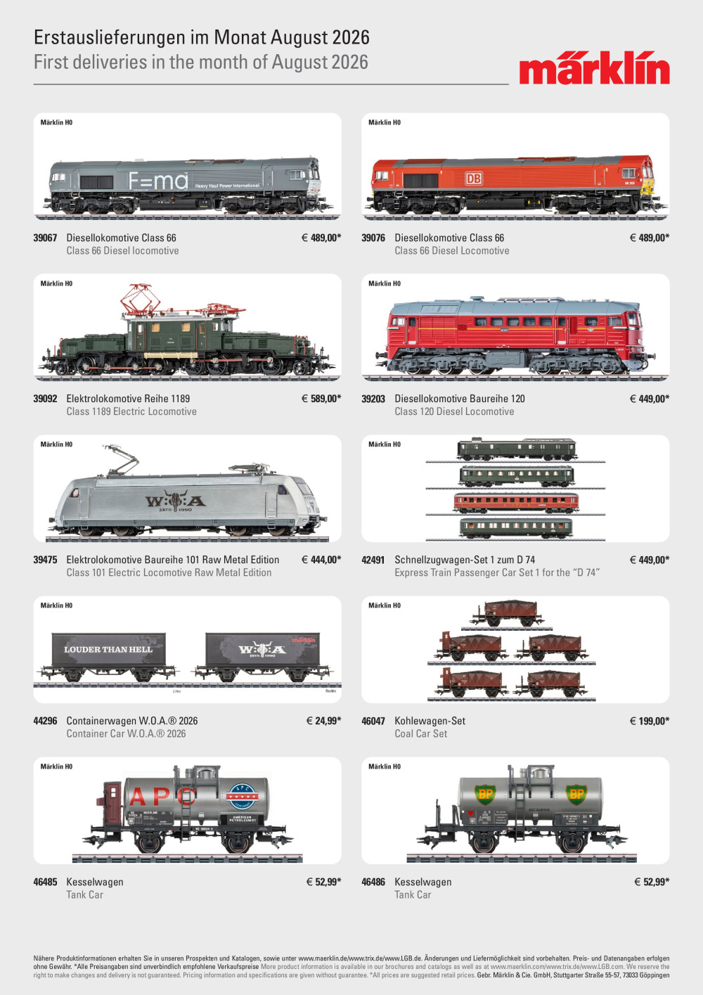 Märklin / LGB / Trix - Erstauslieferungen im Monat August 2026 / First deliveries in the month of August 2026