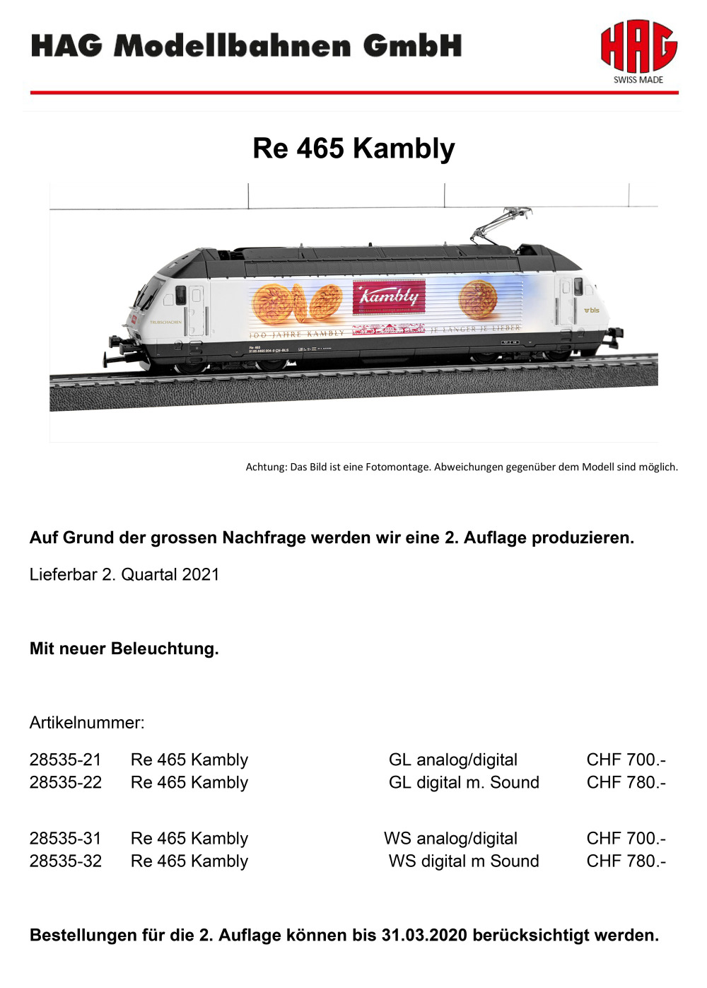 HAG - BLS - Re 465 "Kambly" electric locomotive 