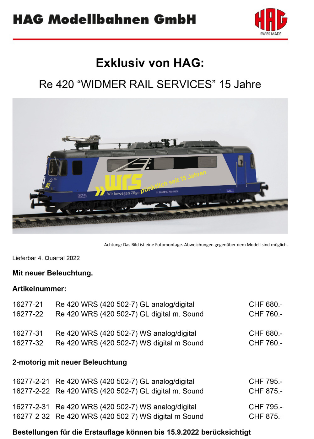 HAG - Re 420 "Widmer Rail Services - 15 years"