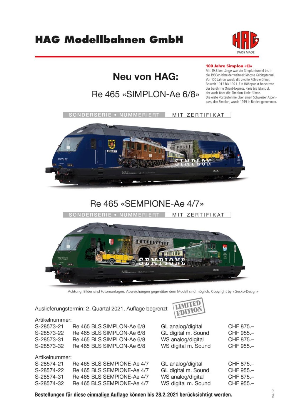 HAG - Re 465 "Simplon - Ae 6/8" / "Sempione - Ae 4/7"