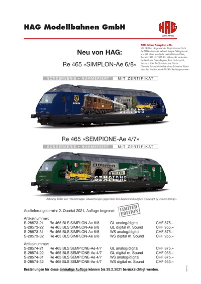 Re 465 "Simplon - Ae 6/8" / "Sempione - Ae 4/7" - HAG