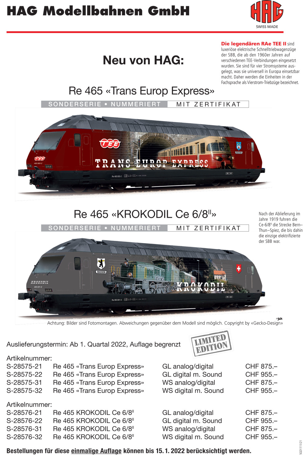 HAG - Re 465 "Trans Europ Express" / "KROKODIL Ce 6/8II"