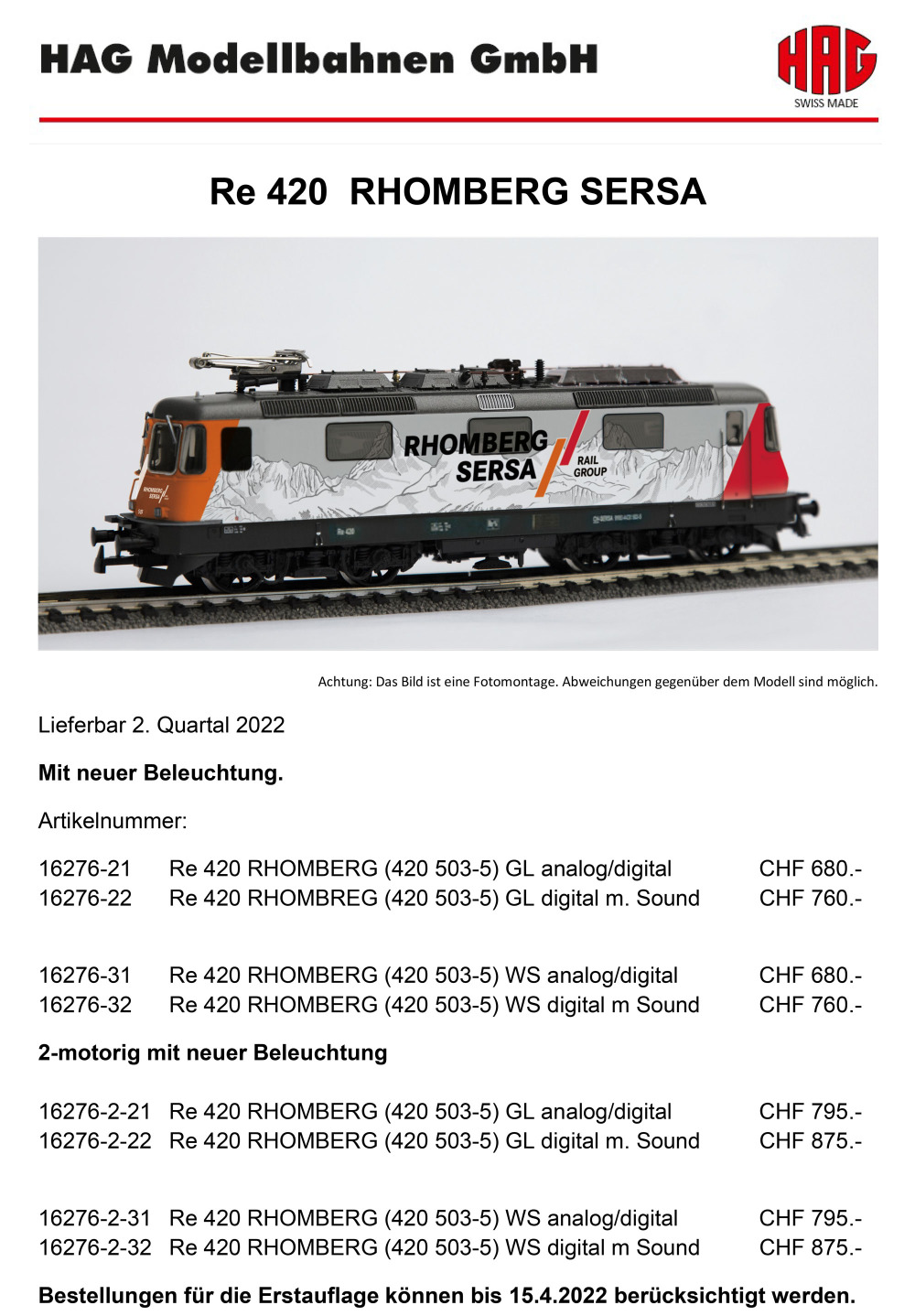 HAG - RHOMBERG SERSA - Re 420 electric locomotive