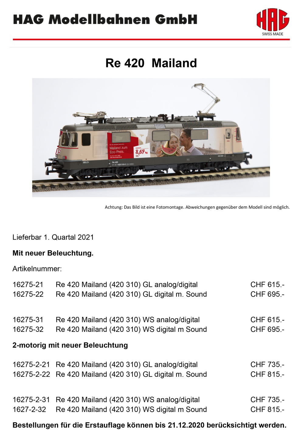 HAG - SBB Cargo - Re 420 "Mailand" electric locomotive