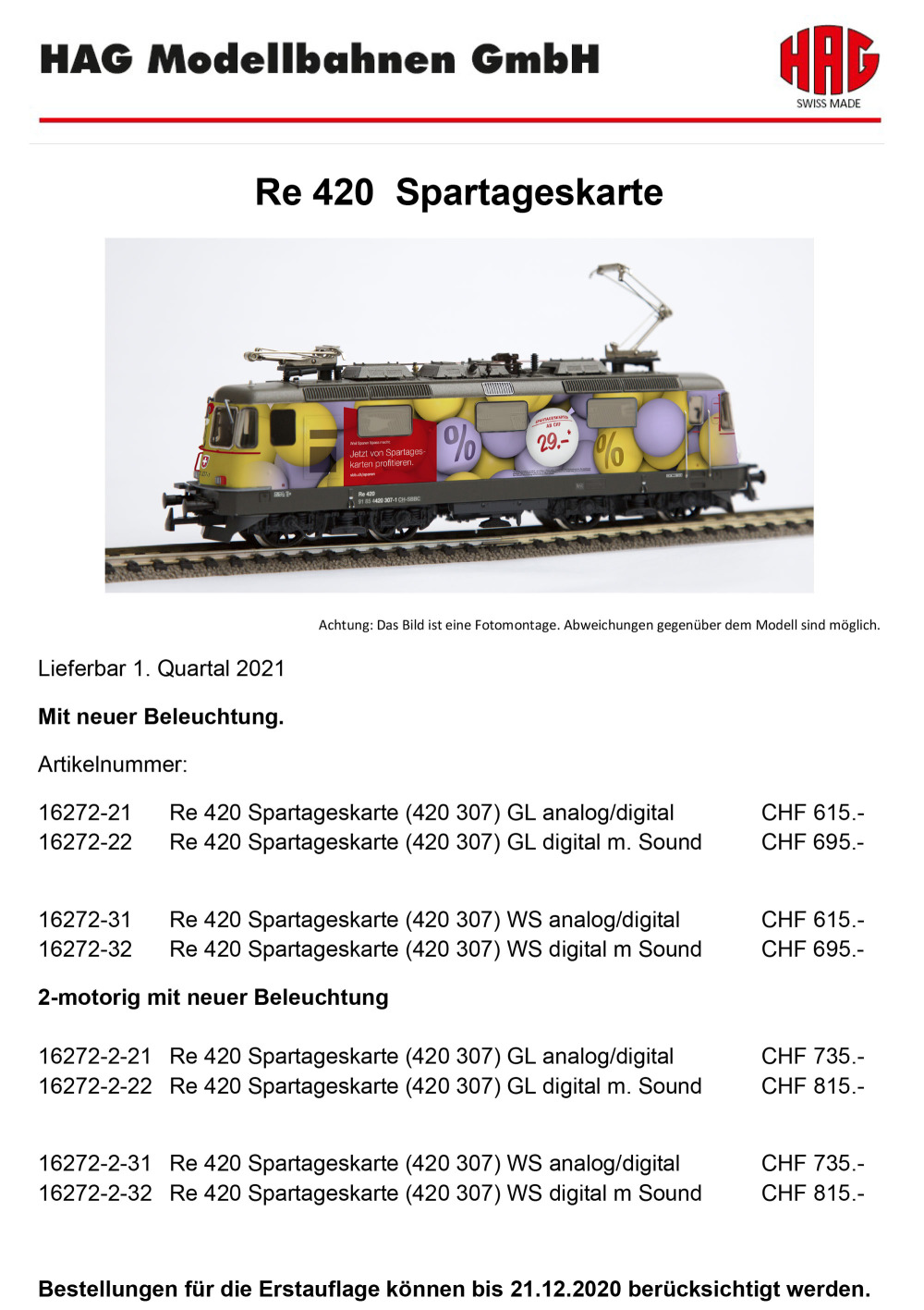 HAG - SBB Cargo - Re 420 "Spartageskarte" electric locomotive
