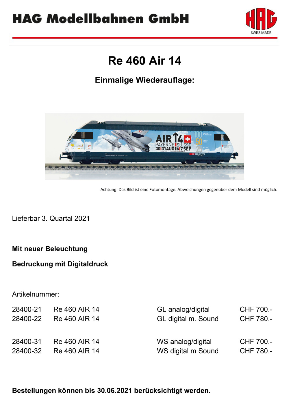 HAG - SBB CFF FFS - Re 460 "Air 14" electric locomotive