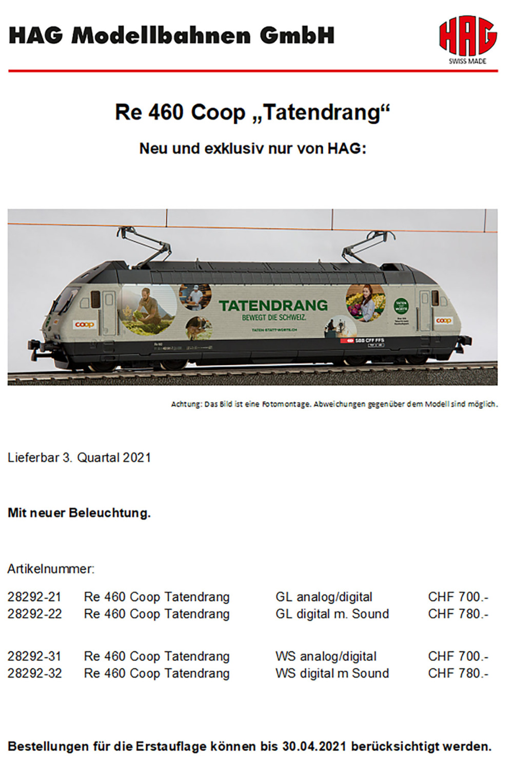 HAG - SBB CFF FFS - Re 460 "COOP - Tatendrang" electric locomotive