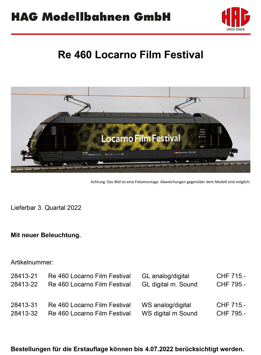 HAG - SBB CFF FFS - Re 460 "Locarno Film Festival" electric locomotive