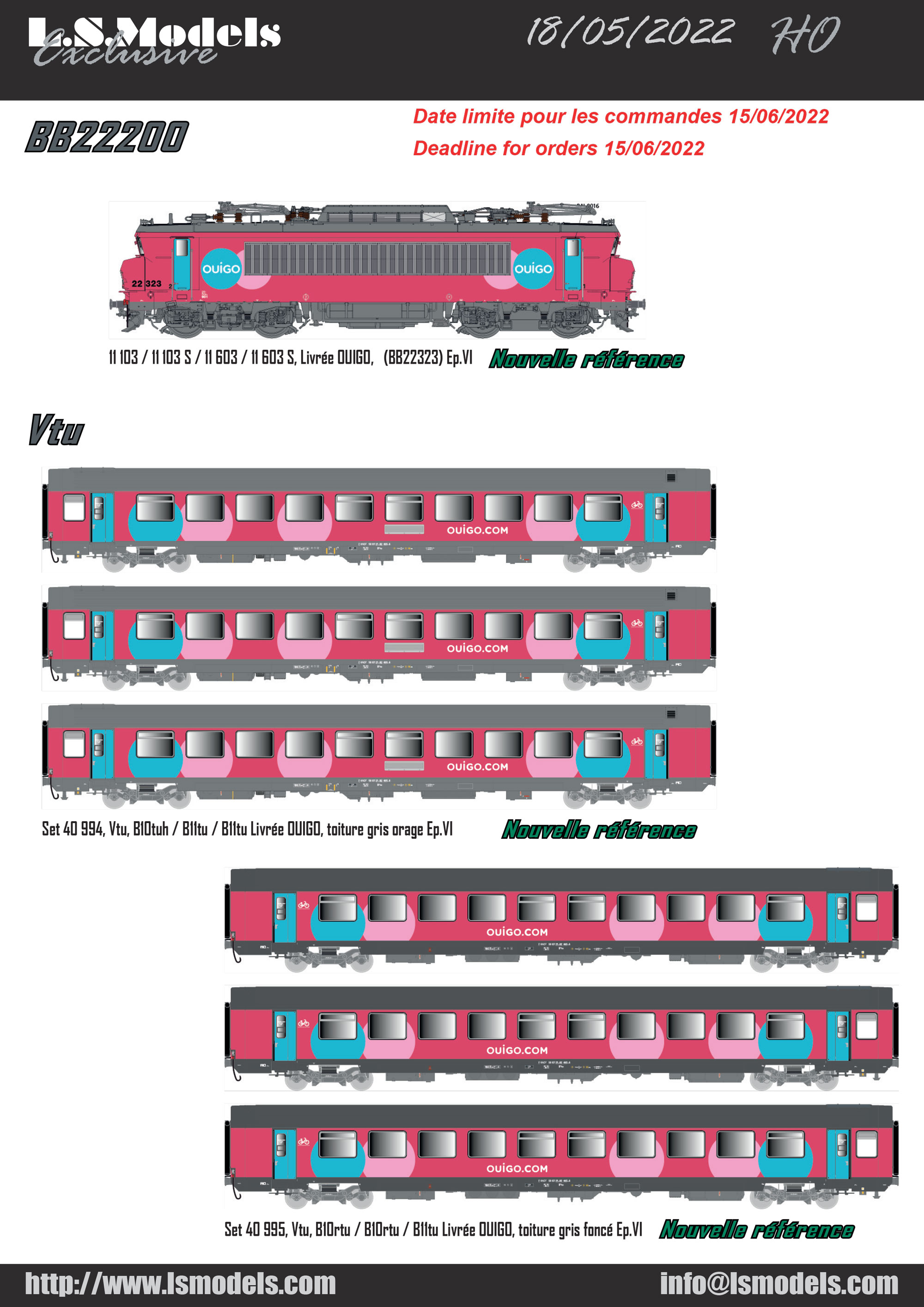 LS Models - SNCF OUIGO - BB22200 electric locomotive & Vtu passenger coaches