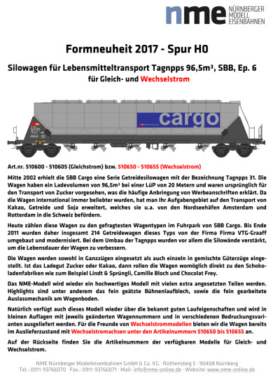 New item 2017 - Tagnpps 96,5m³ (SBB Cargo) - NME - Nürnberger ModellEisenbahnen