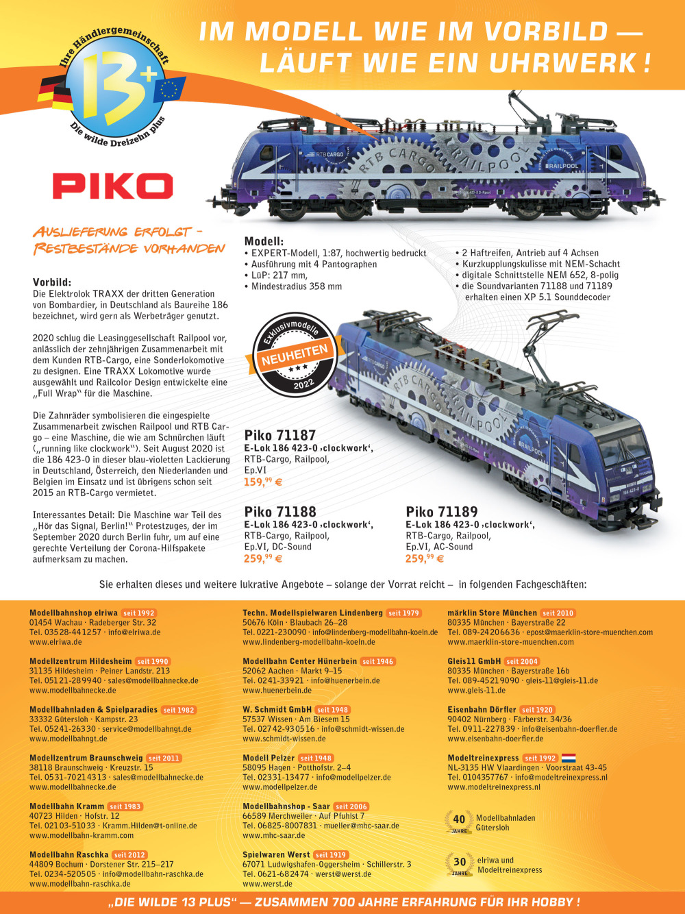 W13PLUS-HÄNDLERVEREINIGUNG - Railpool / RTB Cargo - Class 186 electric locomotive in "CLOCKWORK" livery