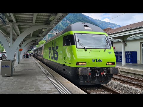 Video: Départ d'une Re 465 du BLS tractant le Goldenpass Express (GPX) à Interlaken West