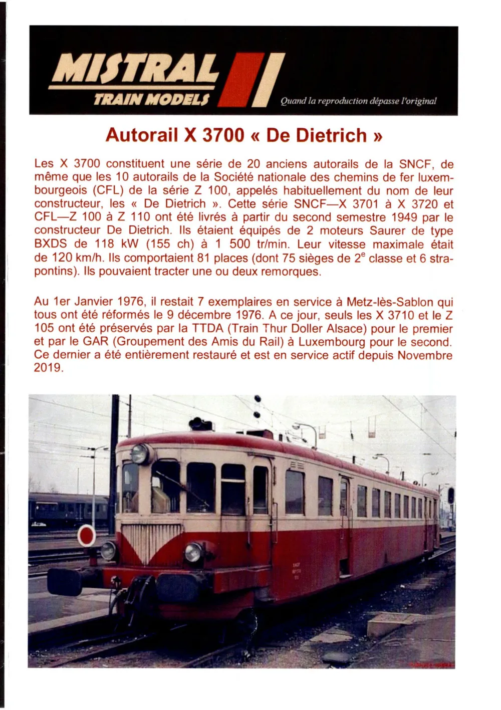 Mistral Train Models - X 3700 'De Dietrich' diesel railcar