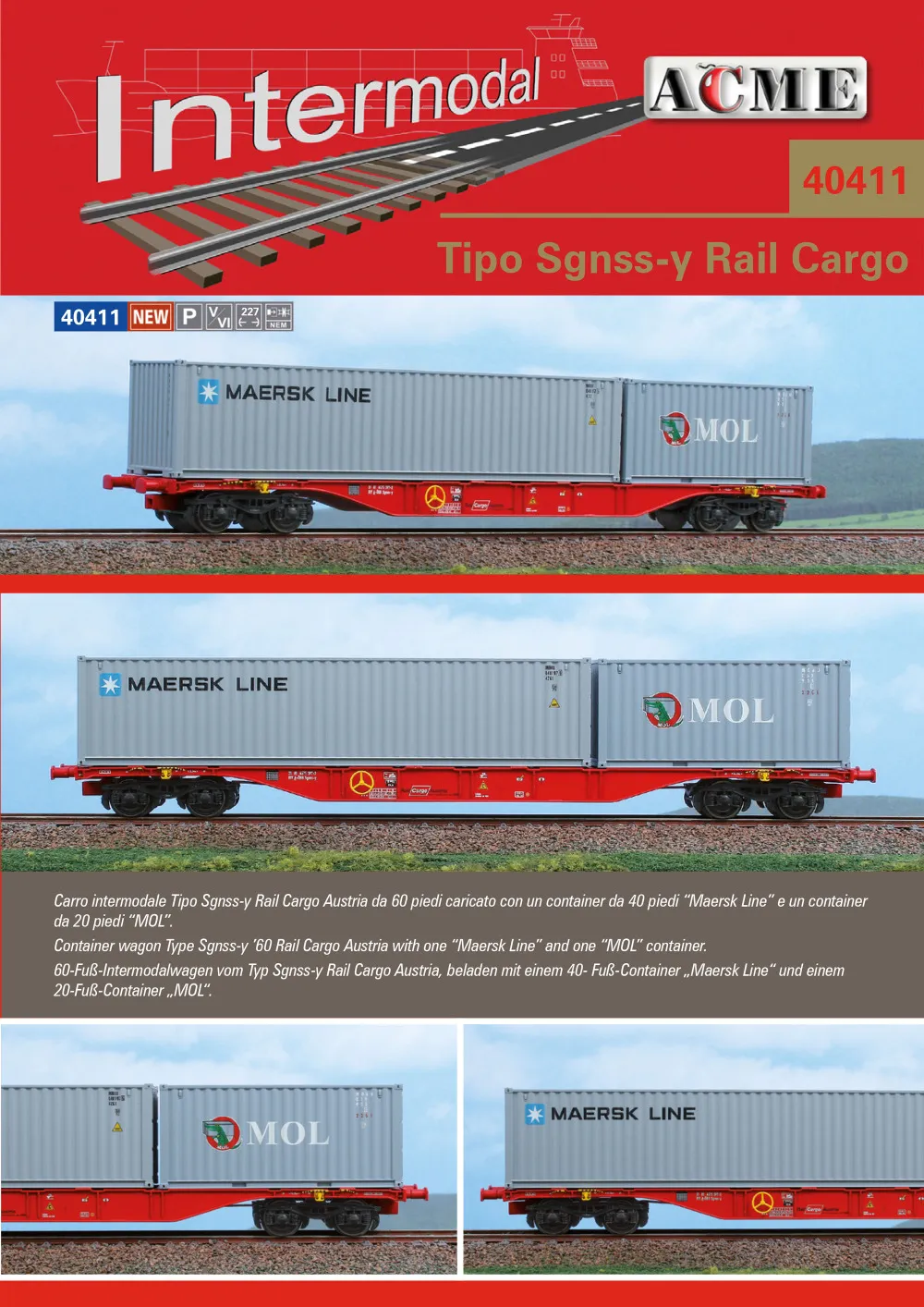 ACME - Anonima Costruzioni Modellistiche Esatte - Rail Cargo Austria - Sgnss '60 freight wagon w. "Maersk Line" & "MOL" load