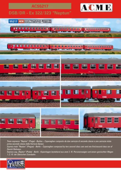 DSB / DR - Express train 322/323 "Neptun" (Prague - Berlin - Copenaghen) passenger coaches set - ACME - Anonima Costruzioni Modellistiche Esatte