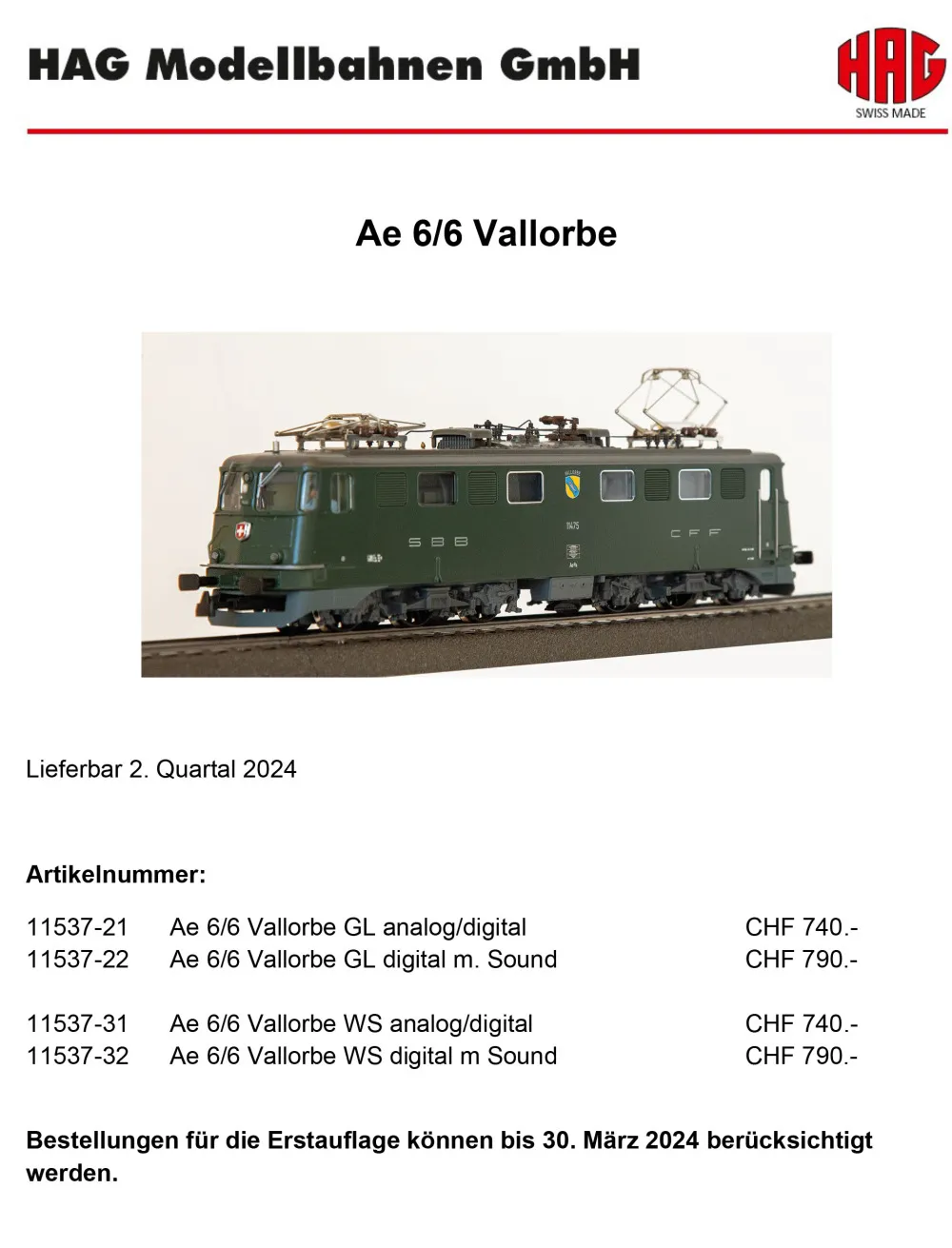HAG - SBB CFF - Ae 6/6 11475 "Vallorbe" electric locomotive