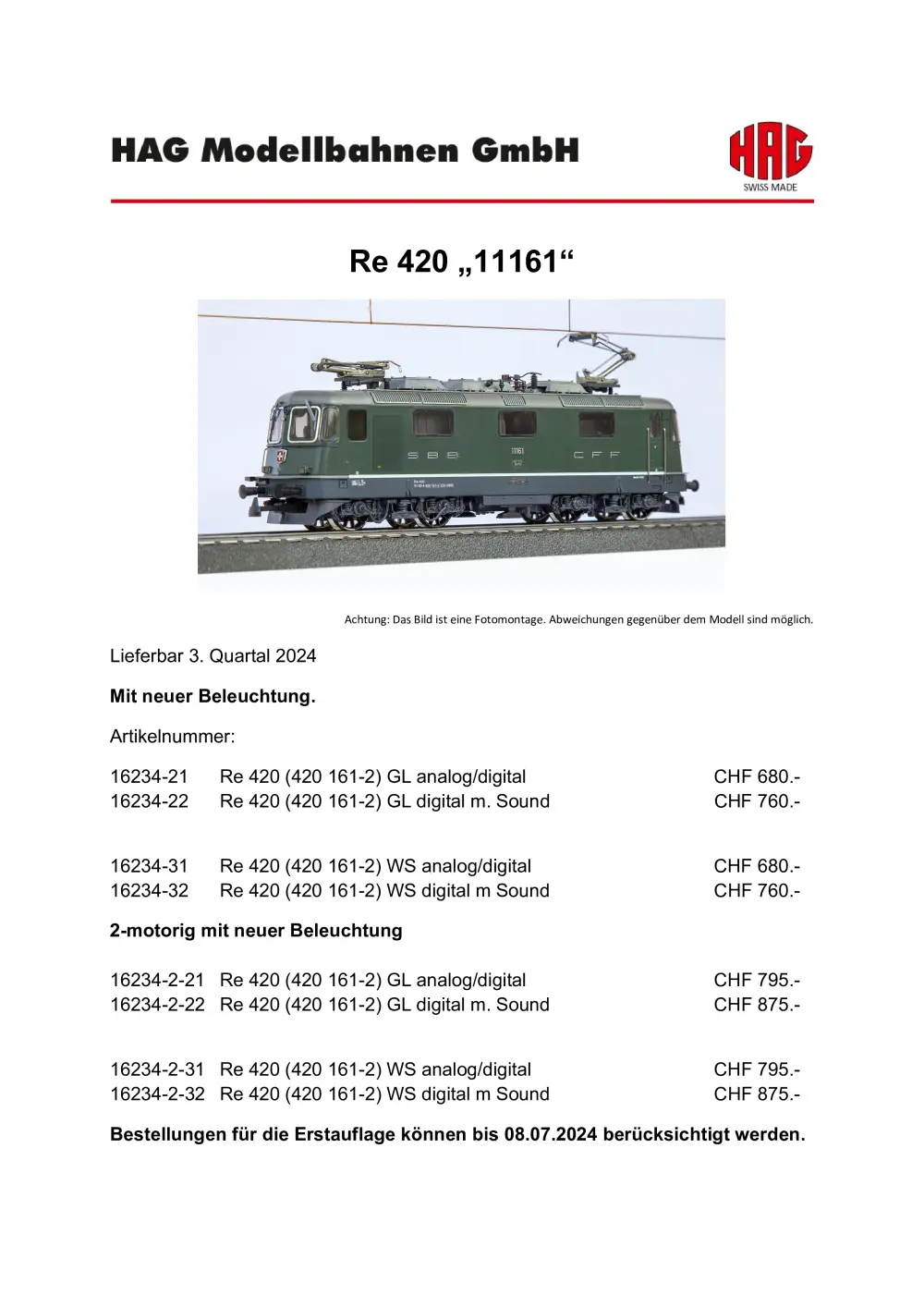 HAG - SBB CFF - Re 420 "11161" electric locomotive