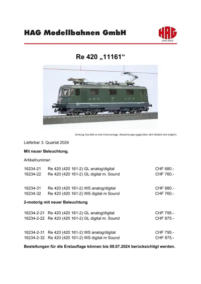 SBB CFF - Re 420 "11161" electric locomotive - HAG