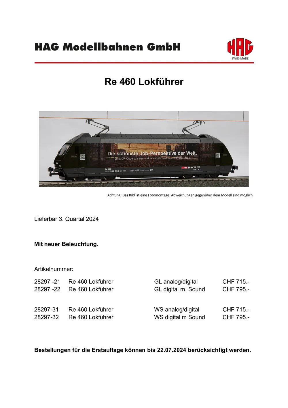 HAG - SBB CFF FFS - Re 460 "Lokführer" electric locomotive