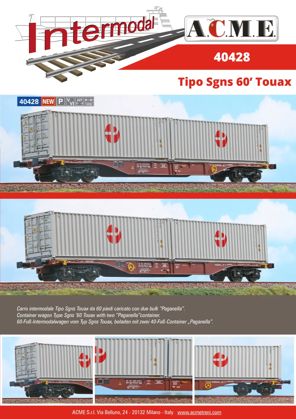 ACME - Anonima Costruzioni Modellistiche Esatte - Tipo Sgns 60’ "Touax / Paganella" carro intermodale (ref. 40428)