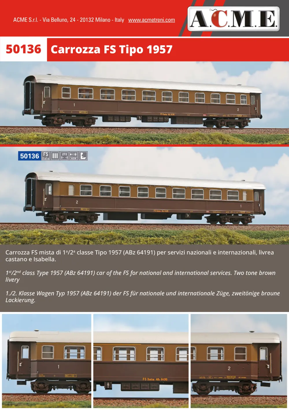 ACME - Anonima Costruzioni Modellistiche Esatte - FS - Carrozza Tipo 1957 (ref. 50136)