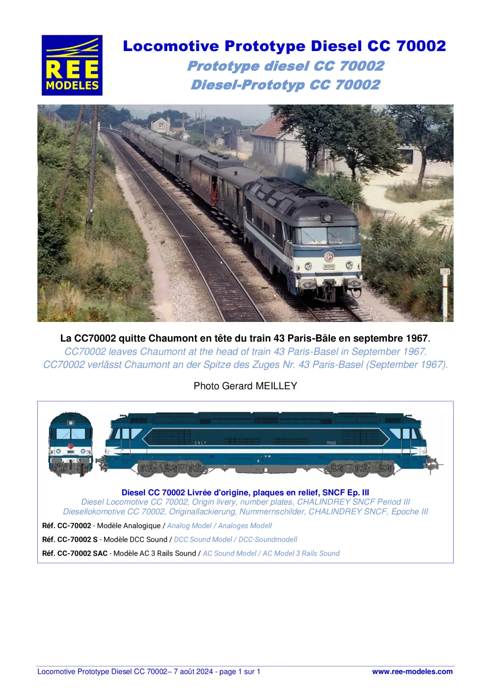 Rails Europ Express (REE) Modèles - SNCF - Locomotive prototype diesel CC 70002