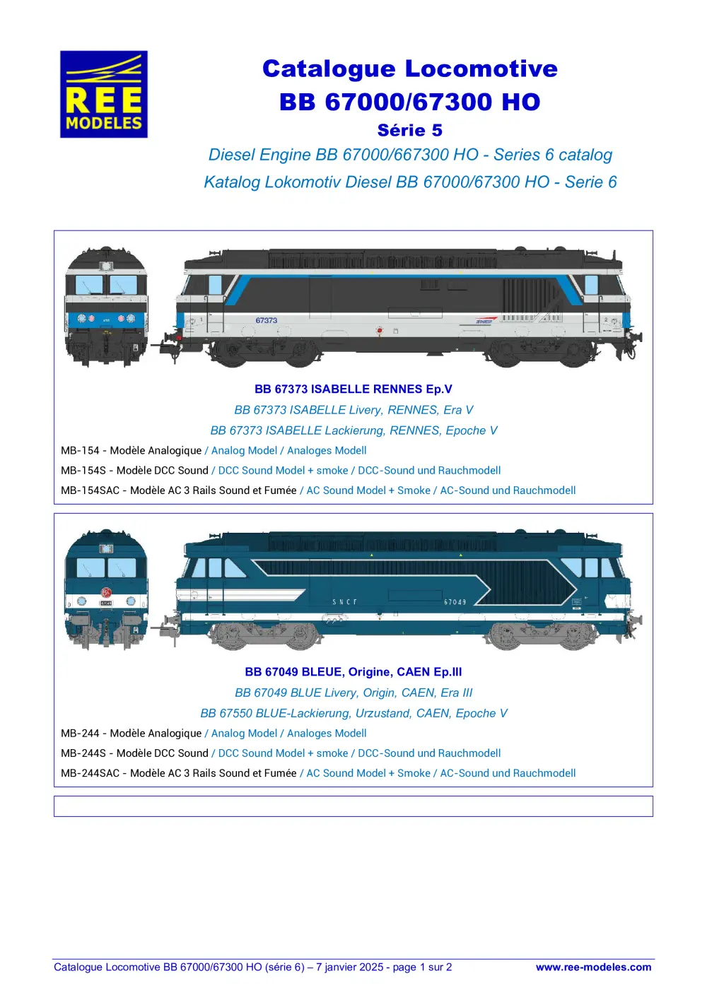 Rails Europ Express (REE) Modèles - Catalogue Locomotive BB 67000/67300 (Série 5)