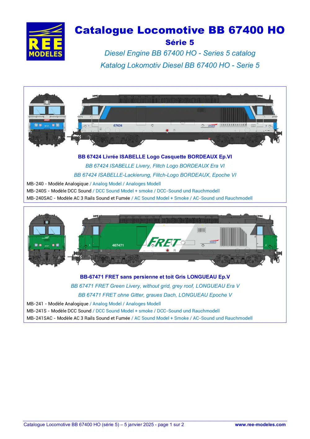 Rails Europ Express (REE) Modèles - Catalogue Locomotive BB 67400 (Série 5)