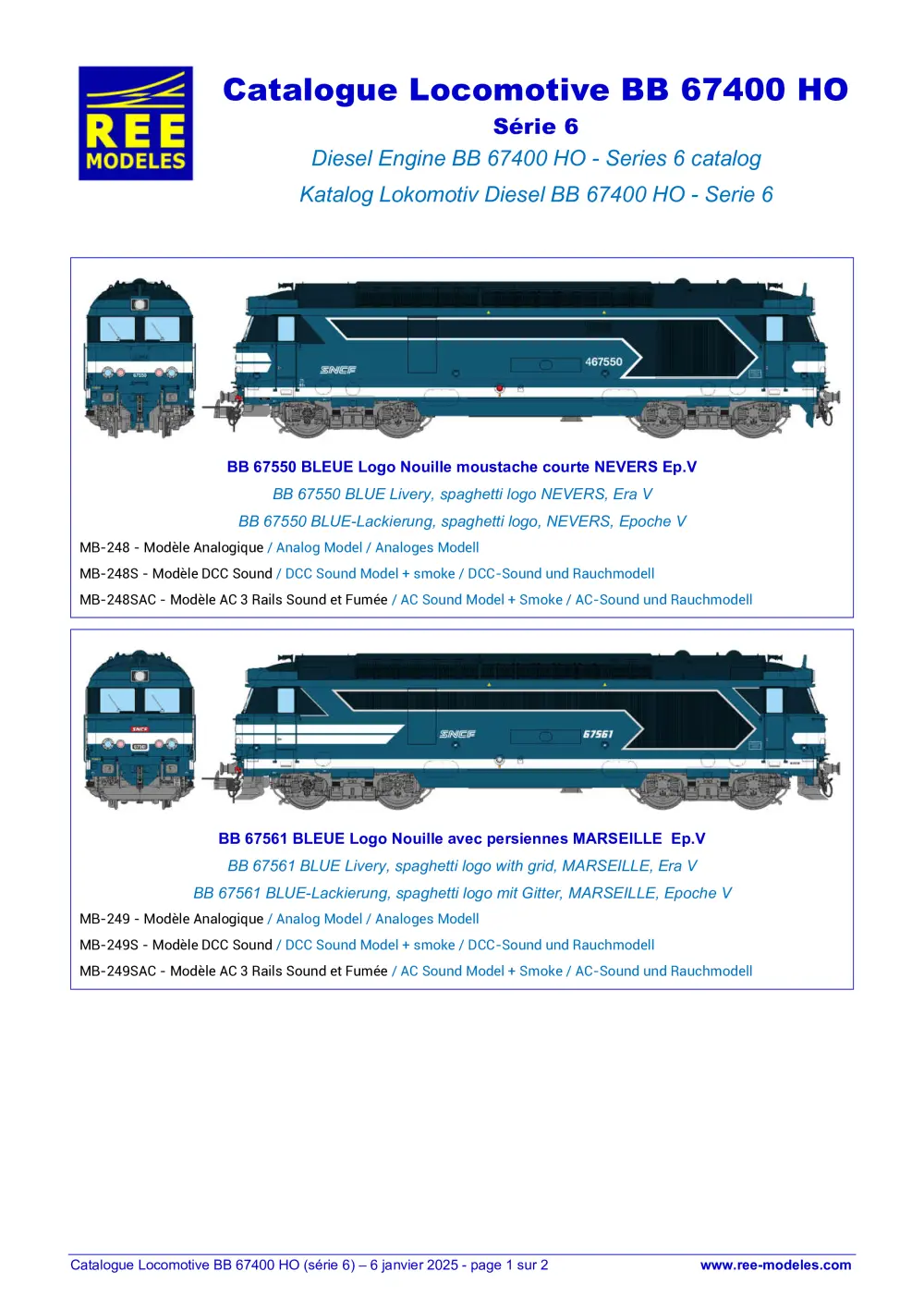 Rails Europ Express (REE) Modèles - Catalogue Locomotive BB 67400 (Série 6)