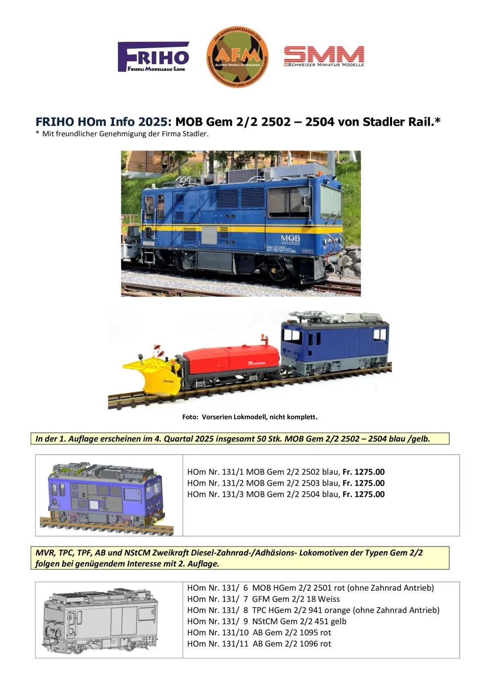 FRIHO - Neuheiten 2025 - MOB Gem 2/2 2502 - 2504 von Stadler Rail