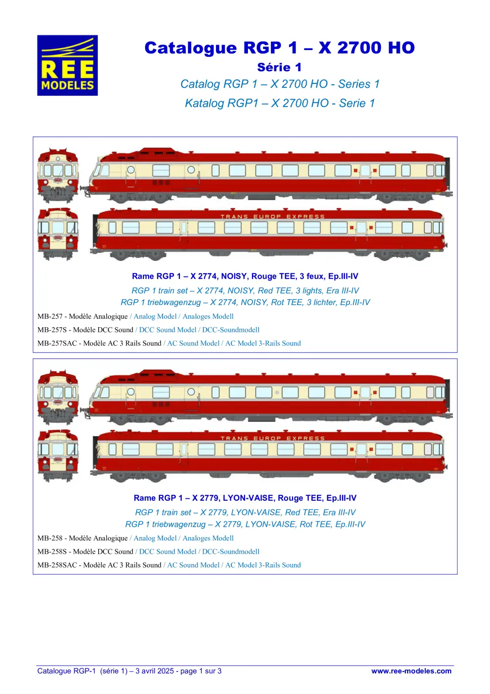 Rails Europ Express (REE) Modèles - Catalogue RGP 1 – X 2700 HO (Série 1)