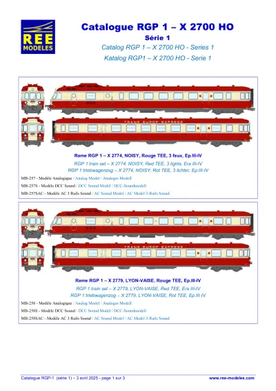 Catalogue RGP 1 – X 2700 HO (Série 1) - Rails Europ Express (REE) Modèles