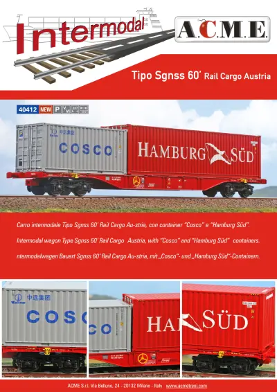 Carro intermodale Tipo Sgnss 60' Rail Cargo Austria, con container 'Cosco' e 'Hamburg Süd' (ref. 40412) - ACME - Anonima Costruzioni Modellistiche Esatte