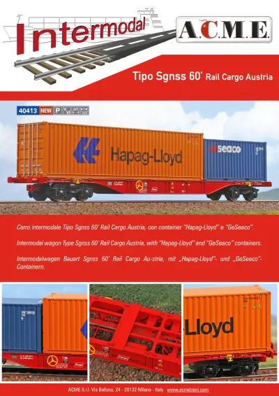 Carro intermodale Tipo Sgnss 60' Rail Cargo Austria, con container "Hapag-Lloyd" e "GeSeaco" (ref. 40413) - ACME - Anonima Costruzioni Modellistiche Esatte