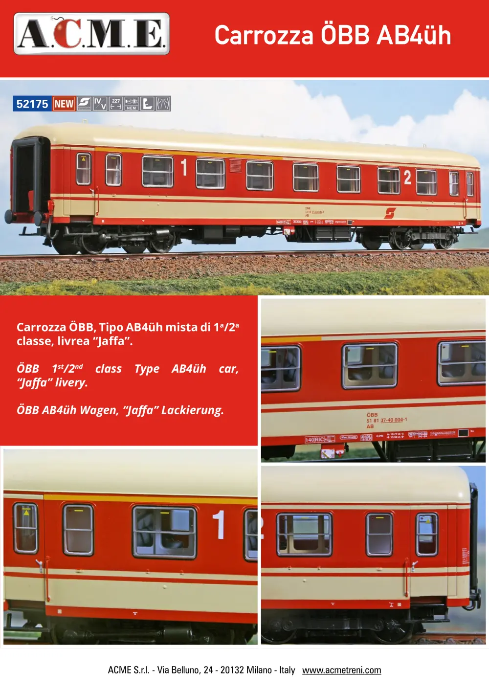 ACME - Anonima Costruzioni Modellistiche Esatte - Carrozza ÖBB AB4üh, livrea "Jaffa" (ref. 52175)