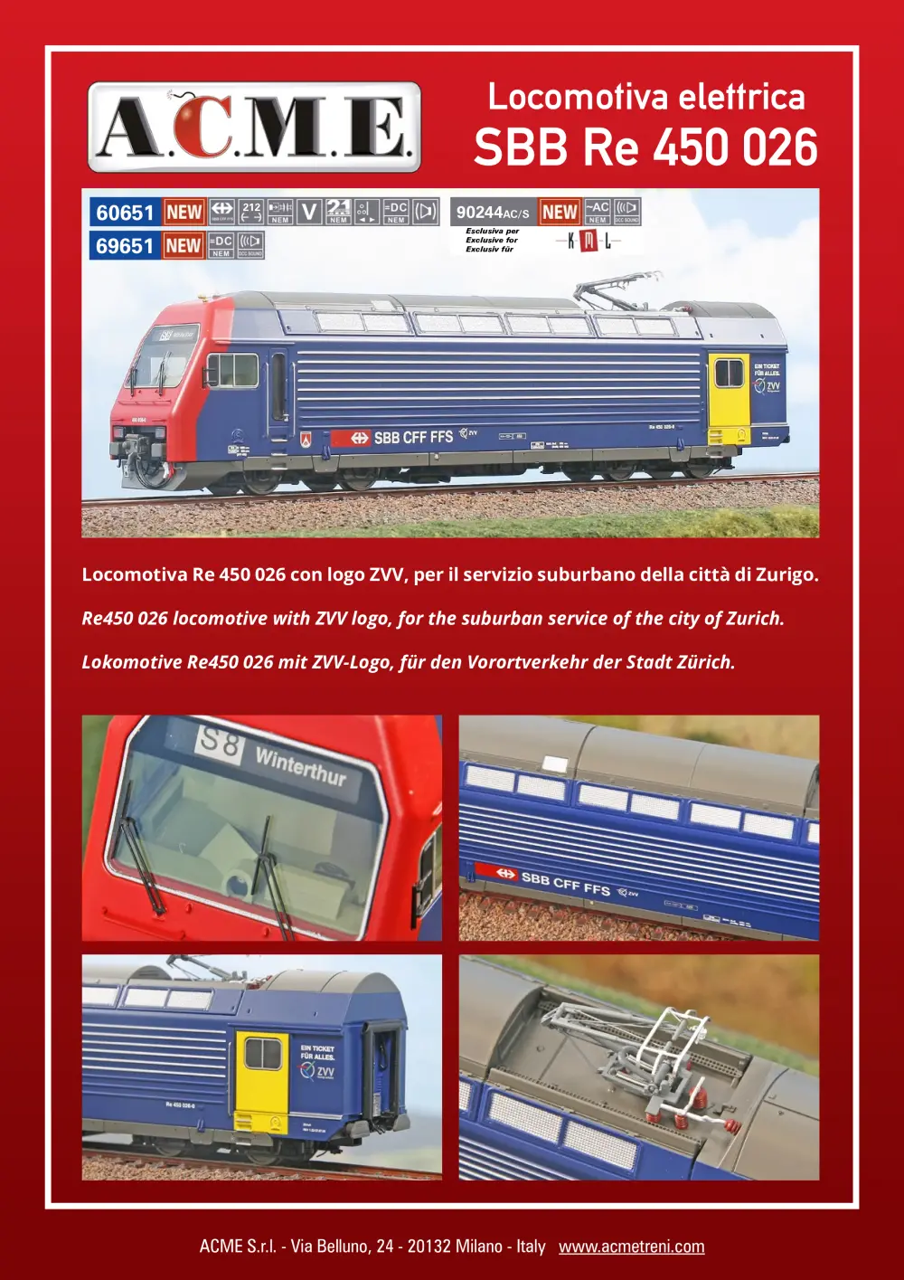 ACME - Anonima Costruzioni Modellistiche Esatte - SBB CFF FFS - Re 450 026 electric locomotive (ref. 60651 / 69651 / 90244AC/S)