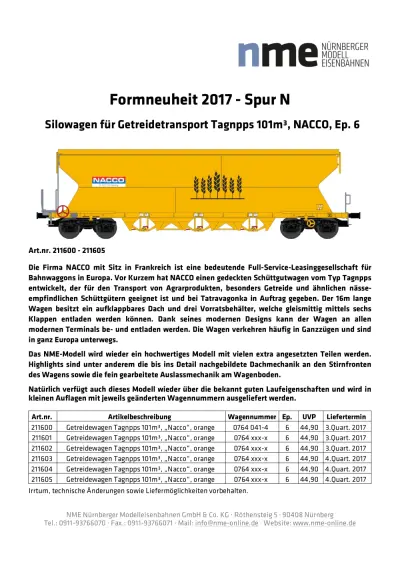 Silowagen für Getreidetransport Tagnpps 101m³, NACCO, Ep. 6 - NME - Nürnberger ModellEisenbahnen