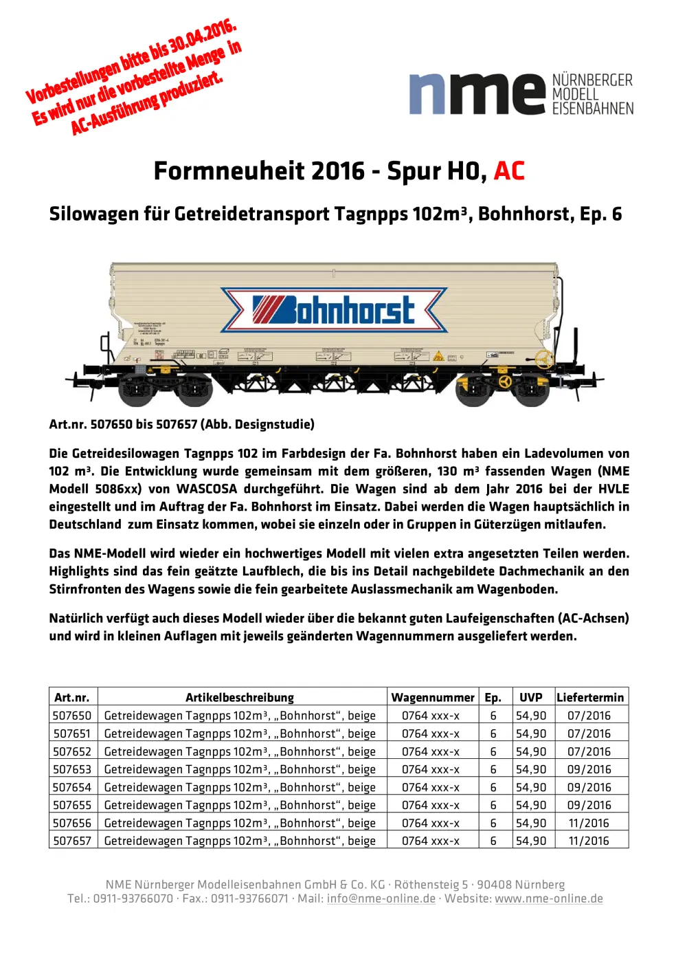 NME - Nürnberger ModellEisenbahnen - Silowagen für Getreidetransport Tagnpps 102m³, Bohnhorst, Ep. 6