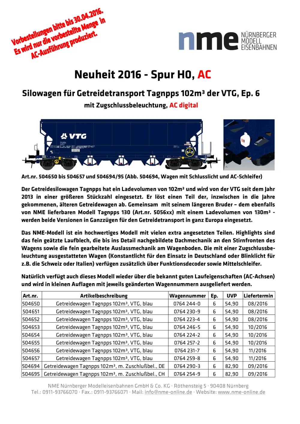 NME - Nürnberger ModellEisenbahnen - Silowagen für Getreidetransport Tagnpps 102m³ der VTG, Ep. 6