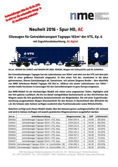 Silowagen für Getreidetransport Tagnpps 102m³ der VTG, Ep. 6 - NME - Nürnberger ModellEisenbahnen